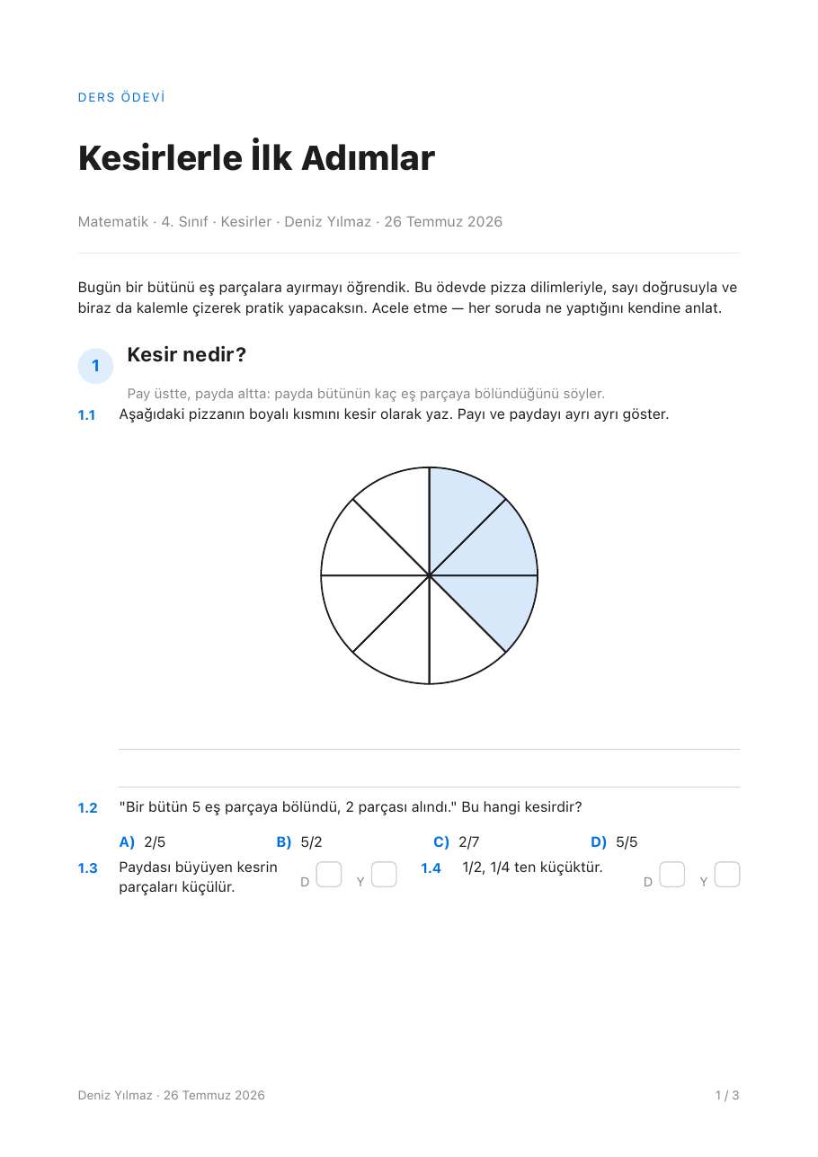 A real homework sheet: a pizza split into eighths with three shaded, and questions underneath