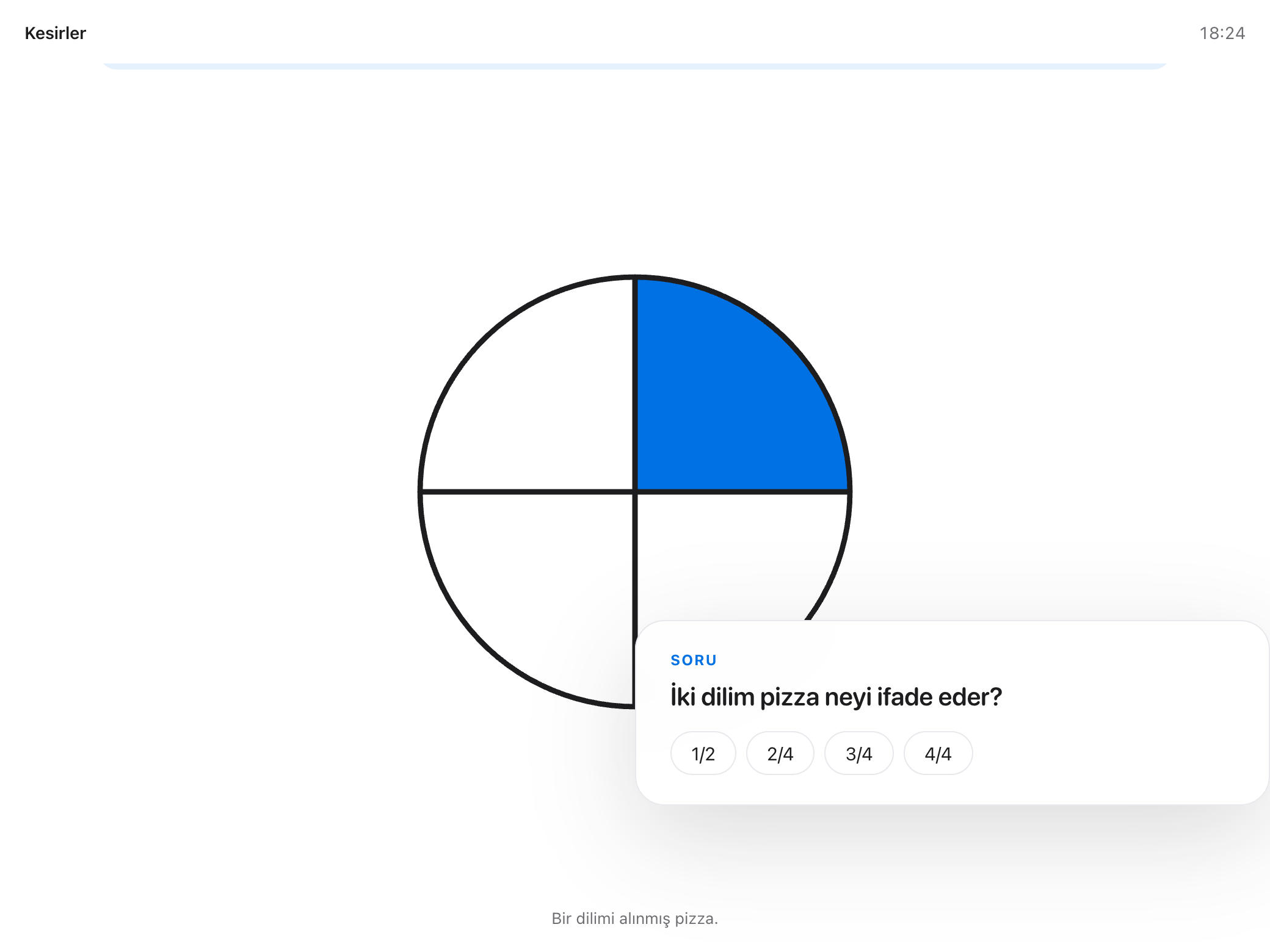 A real lesson board: a pizza drawn in quarters with one quarter shaded, and a question asking what two slices come to